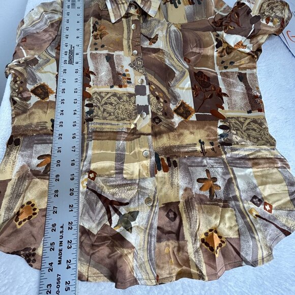 Vintage Carlisle Womens 100% Silk Abstract Print Button-Down Shirt Size 12 Brown - Picture 8 of 8